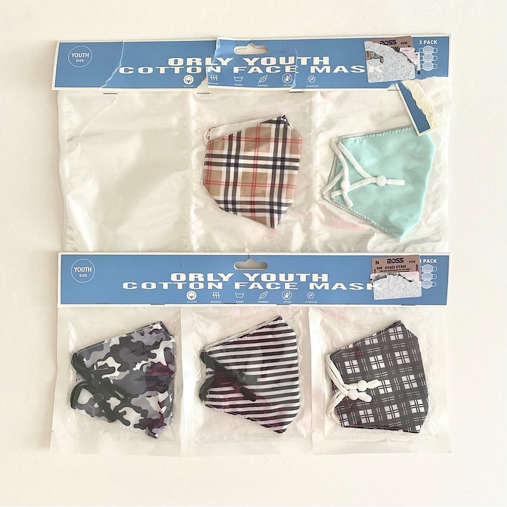 NWT Orly Youth Cotton Face Masks Multicolor Printed 3 Pack + 2 Pack Face Covers